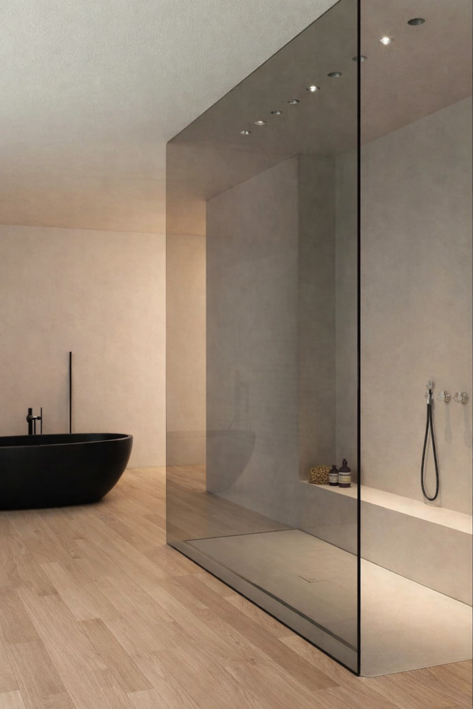 Box doccia walk-in in vetro su misura a Legnano con parquet e vasca nera