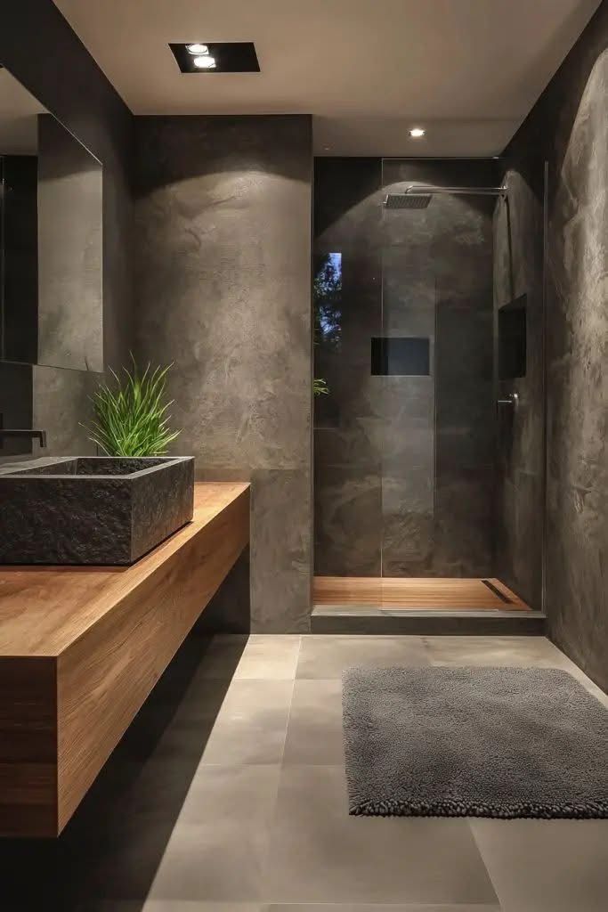Box doccia walk-in in vetro su misura in bagno moderno con finiture materiche